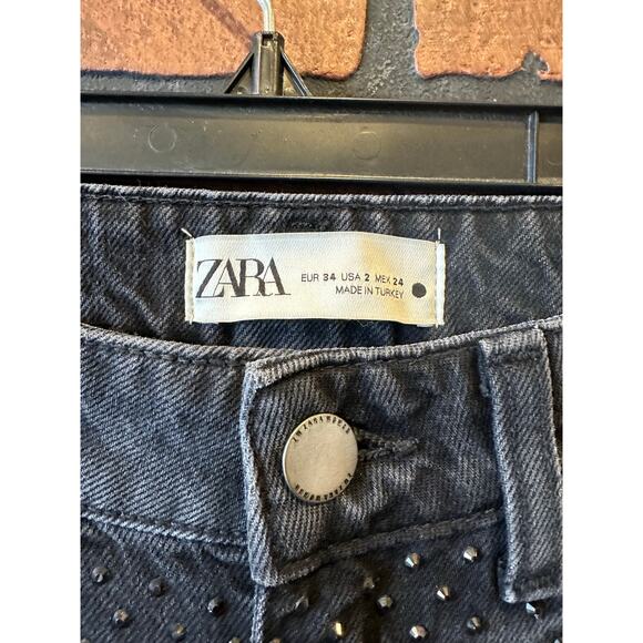 ZARA MID-WAIST ZW THE SLIM JEANS WITH RHINESTONES PANT BLACK 6045/040 Size 2 - Picture 3 of 8